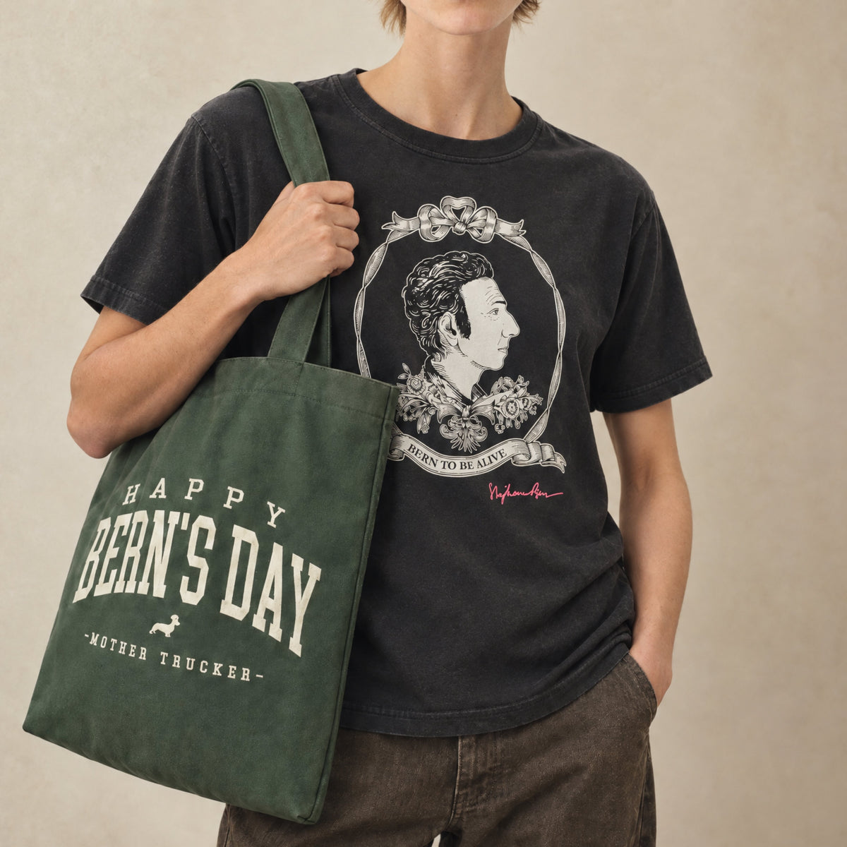 Fourre-tout "happy bern's day" brodé kaki