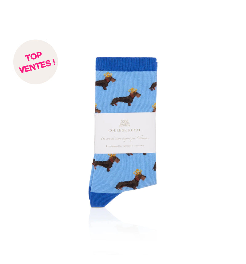 Chaussettes "Teckels Couronnés" bleues H/F