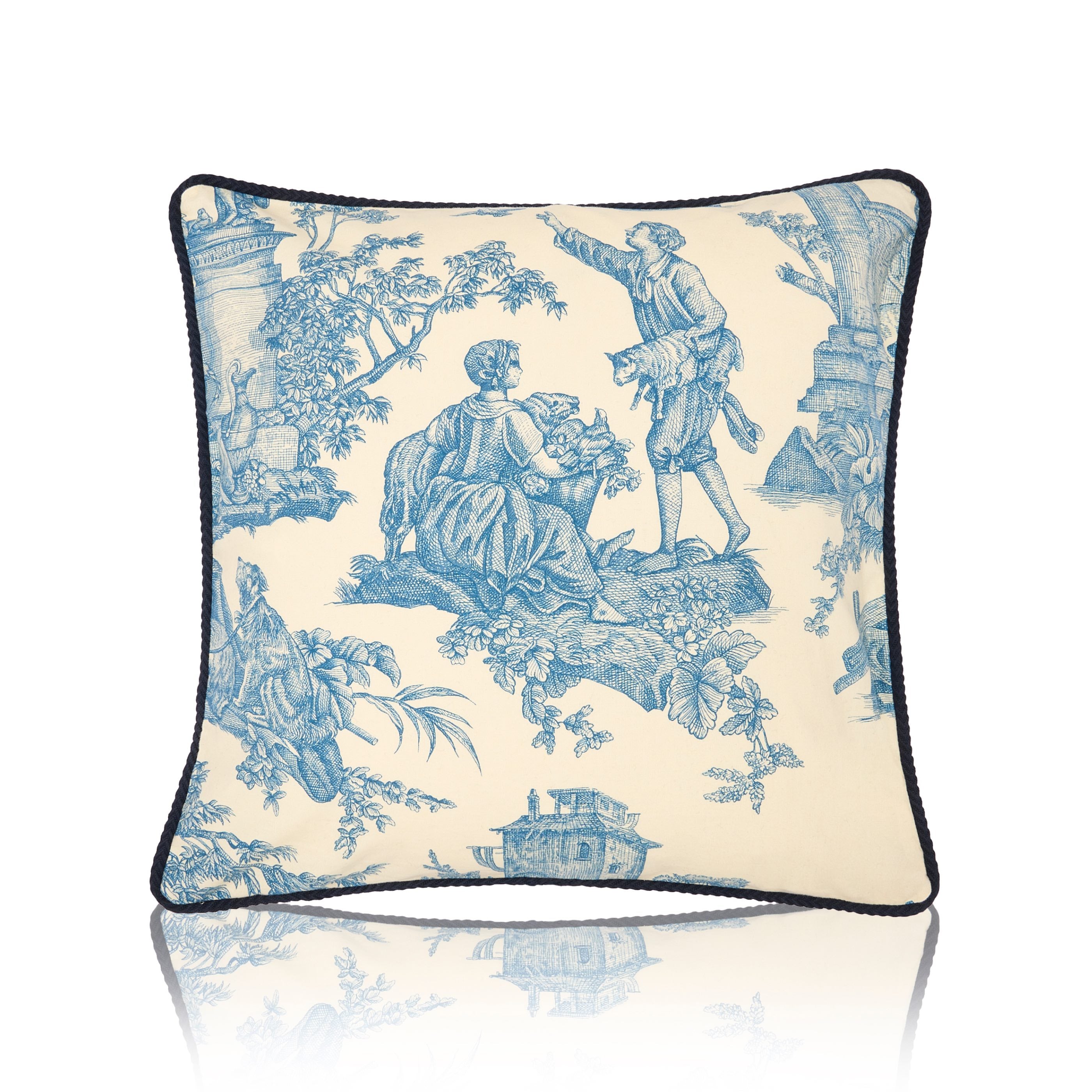 Housse de coussin en toile de Jouy bleue