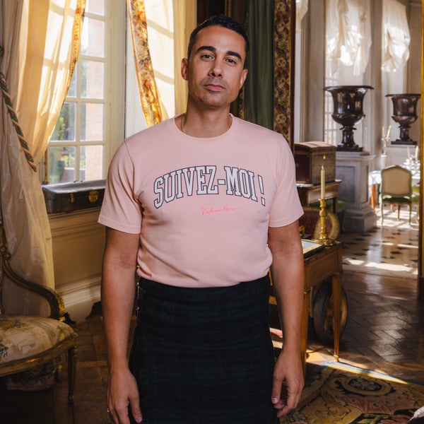 T-shirt super premium mixte «suivez-moi !» rose pâle