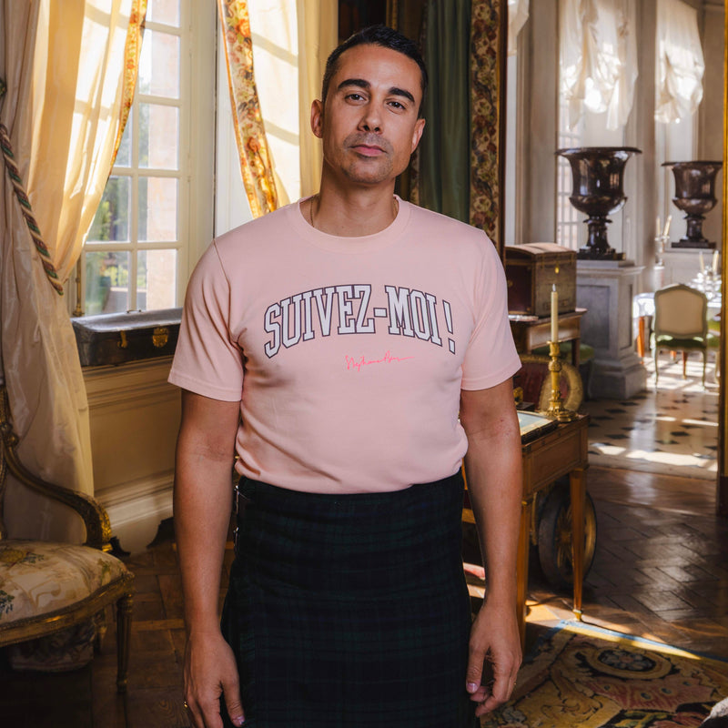 T-shirt super premium mixte «suivez-moi !» rose pâle