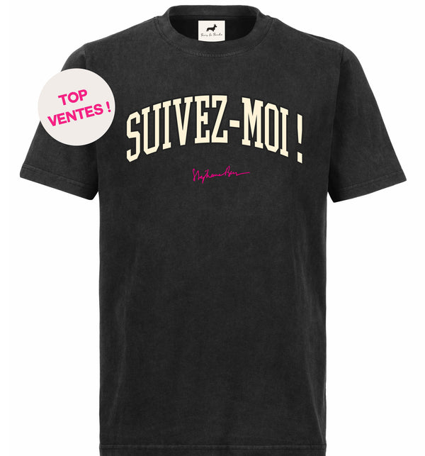T-shirt super premium mixte «suivez-moi» vintage noir
