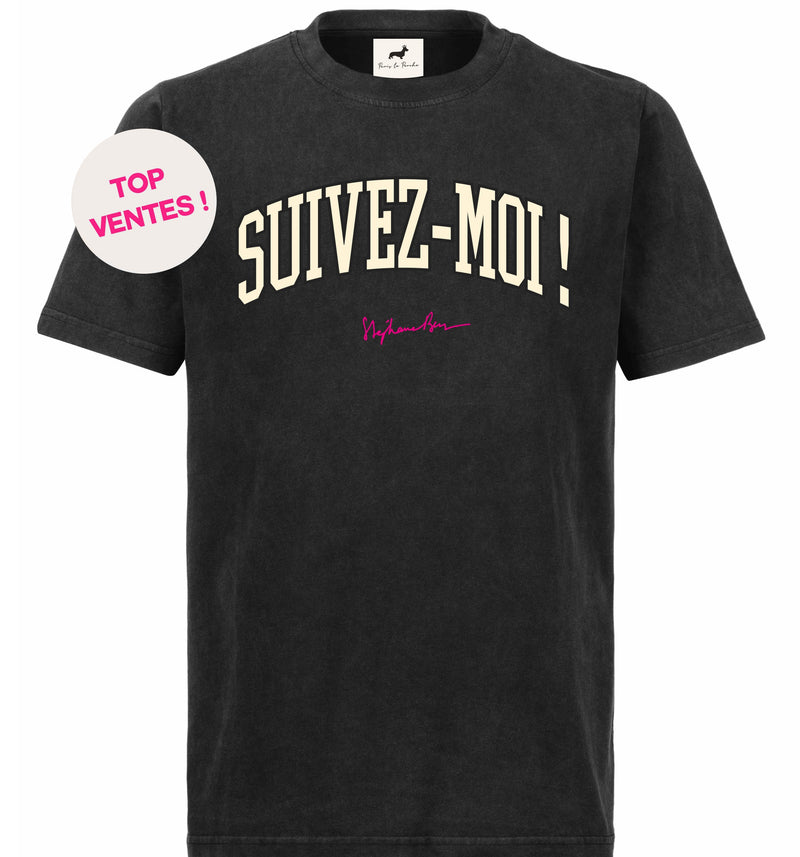 T-shirt super premium mixte «suivez-moi» vintage noir